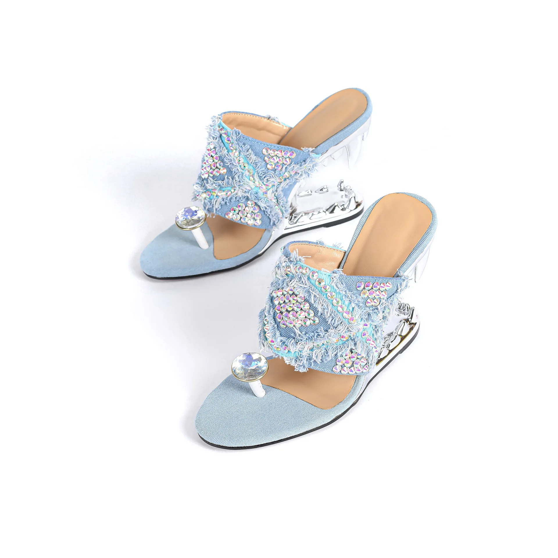 2024 Summer New External Wearing Slippers Women's Round Head Pinch Toe Water Diamond Shaped Heel Tiger Teeth Slippers