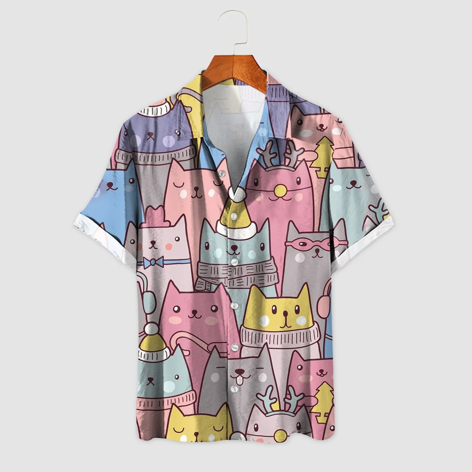 

Мужская летняя рубашка с коротким рукавом и принтом кошки