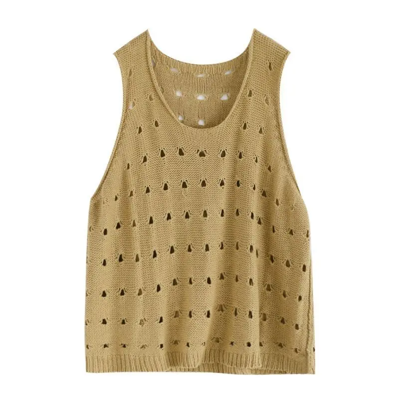 

Women Vintage Office Lady Crochet Camisole Retro Hollow Out Geometry Solid Knitted Vest Loose Sleeveless Top Beachwear L204