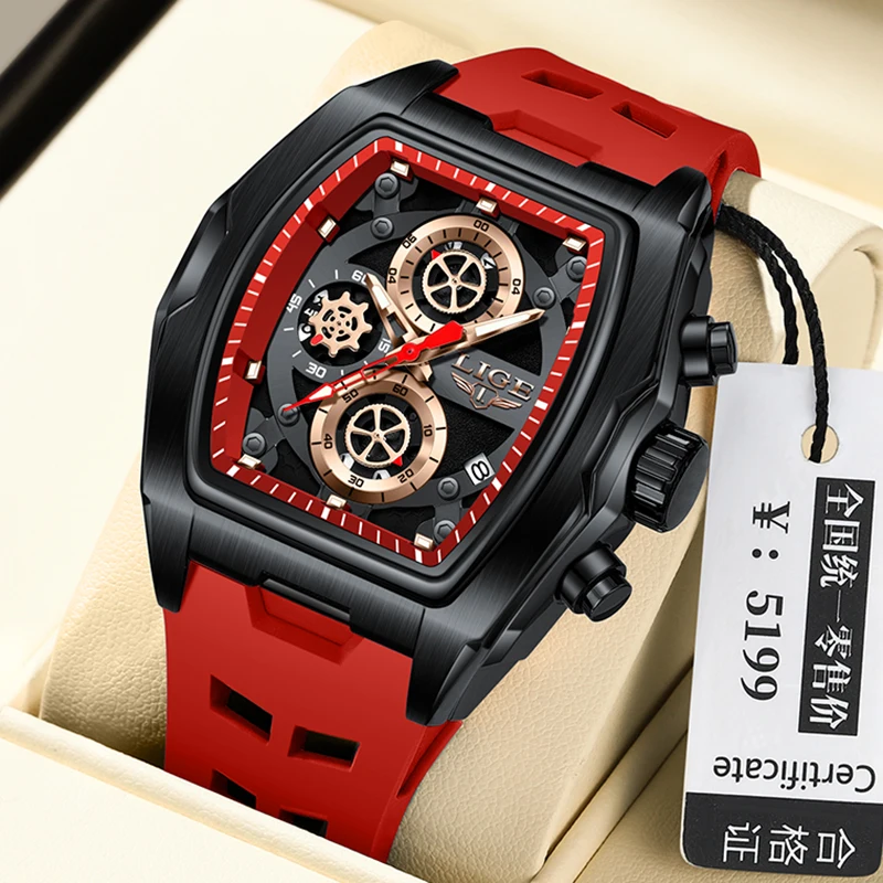 LIGE Creative Square Watch Men Military Waterproof Sports Chronograph Male Fashion Silicone Date Quartz Wrist Watches For Men