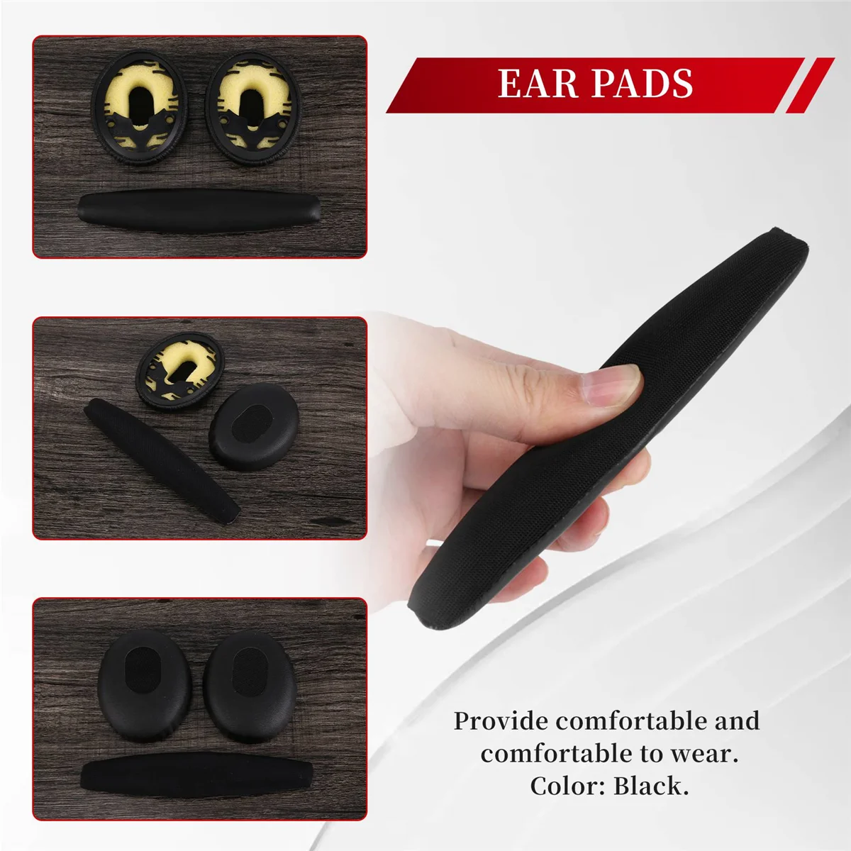 Bose QC3 Quiet Comfort 3 헤드폰 XY용 헤드 패드가 포함된 검정색 이어 쿠션 한 쌍
