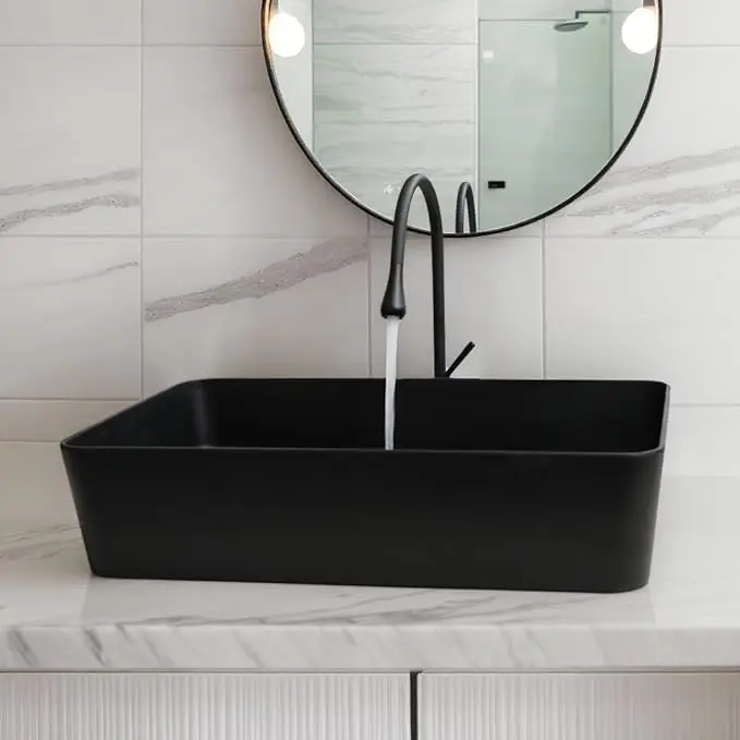 KEMAIDI Bathroom Sink Faucet Set Rectangle 24"x16" Big Black Vessel Sinks for Bathroom Hotel Vanity Sink Above Counter Basin 2