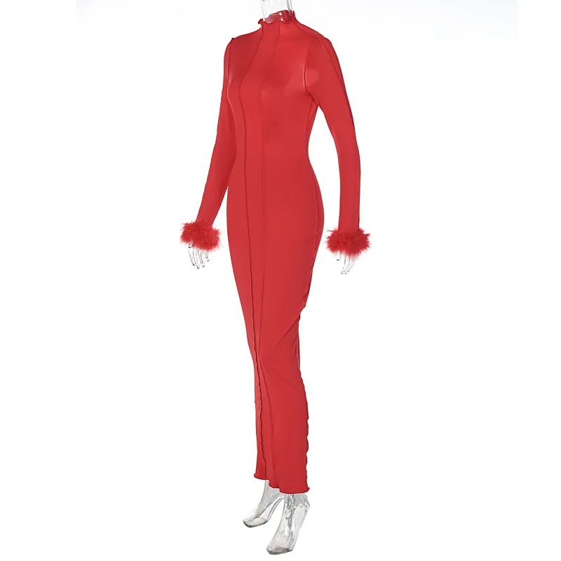 

New Women Dresses Europe Feathers Half High Collar Backless Bodycon Slim Fit Red Sexy Long Sleeve Maxi Dresses Ladies Party Club