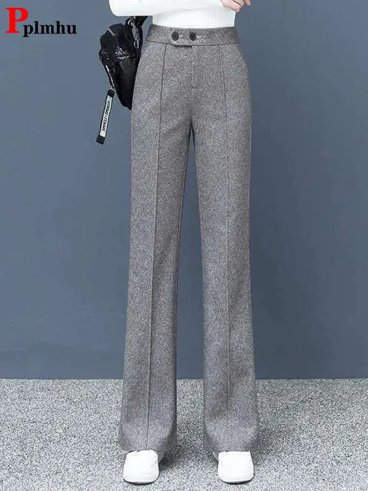 Simple Grey Button High Waist Woolen Crop Pants Winter RF021 main image 0