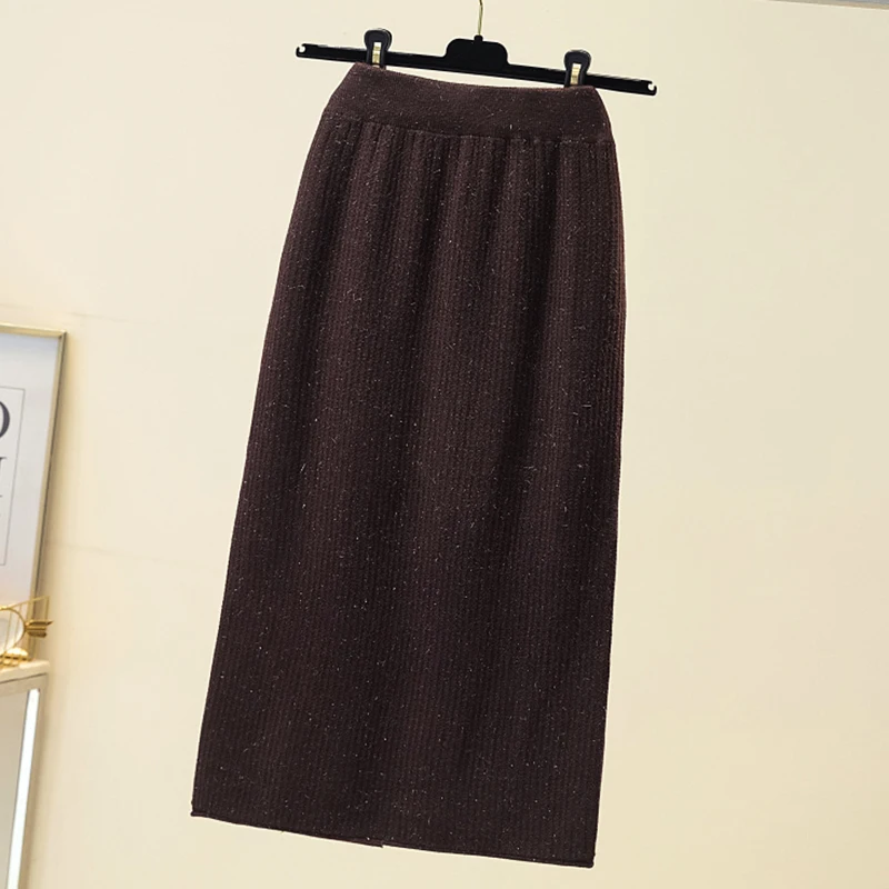 white pleated skirt Rimocy Autumn Winter Knit Pencil Skirt Women 2021 Casual Sequins Elastic High Waist Skirts Woman Elegant Split Midi Skirt Ladies denim skirt