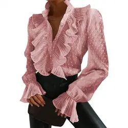 New Women's Turndown Collar Cascading Ruffle Long Sleeve Casual Office Loose Shirt