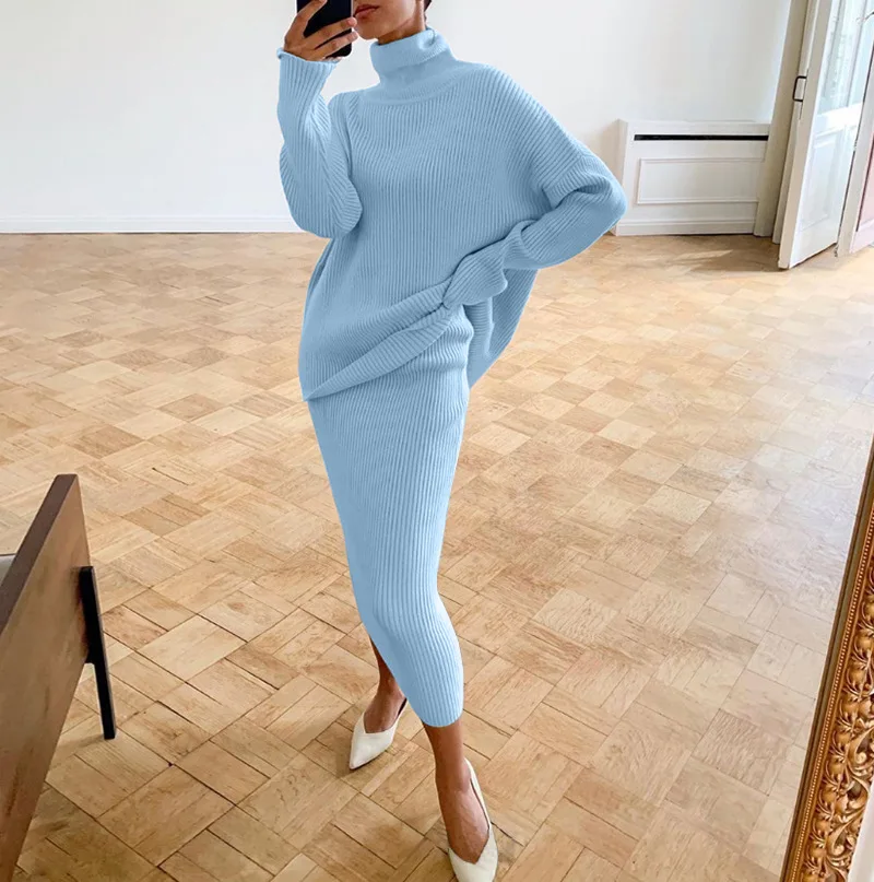 Knitted 2 Piece Outfit Set Casual Long Sleeve Sweater Top And Pencil Long Skirts Elegant Autumn Two Piece Sweater Sets