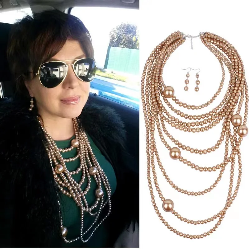 MultilayerLongSweaterNecklacesandEarringsPearlsHandmadeWomens