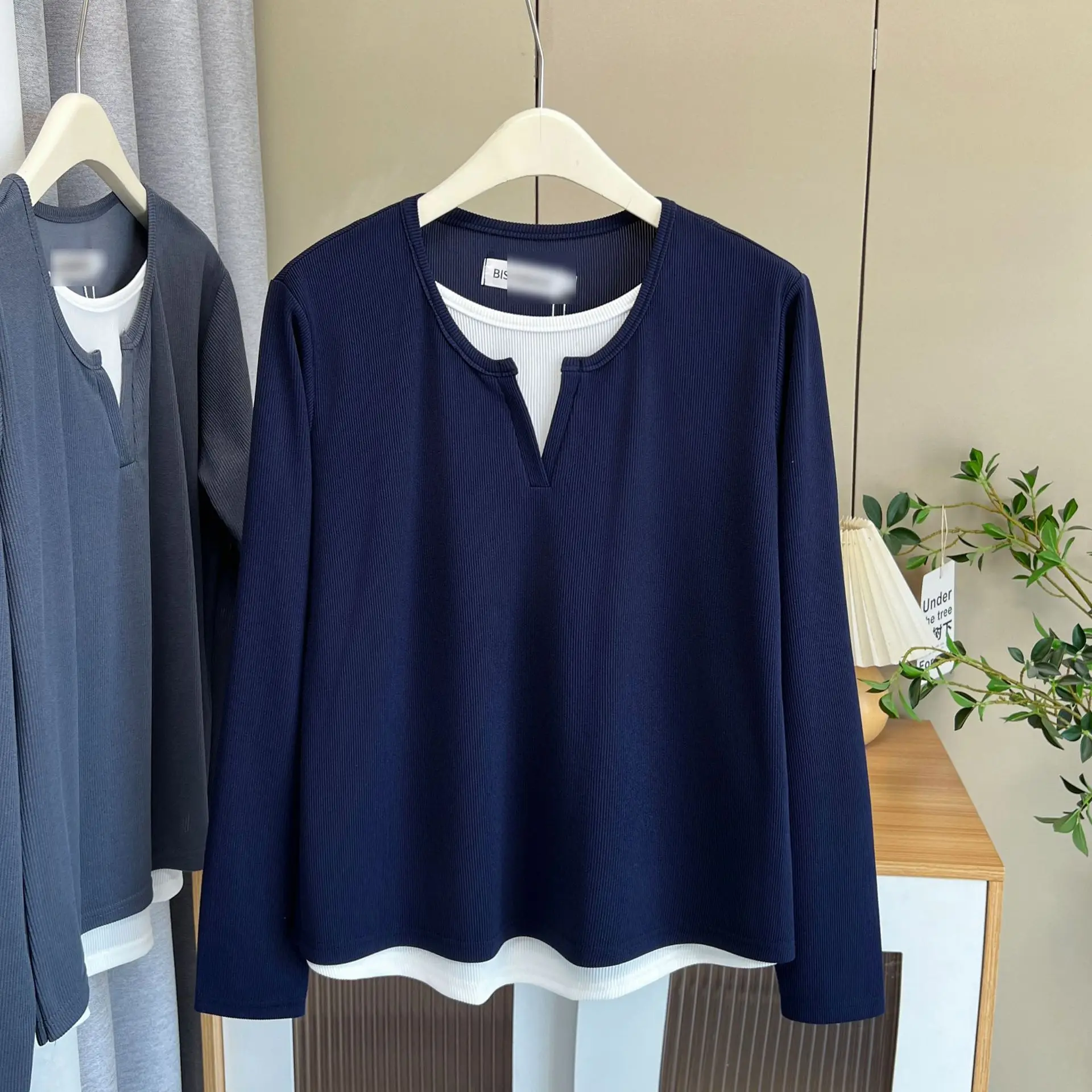 Fashion Plus Size Women's T-Shirt Classic Fake Two Pieces Long Sleeve Autumn Casual Tops 1711