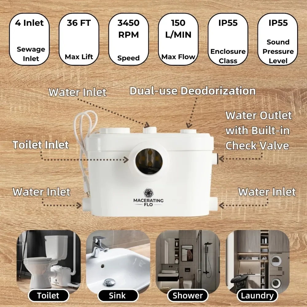 750W Macerating Toilet System with 4-Inlet, Durable Pump, Extension Pipe - Easy Install, Space Saving 3