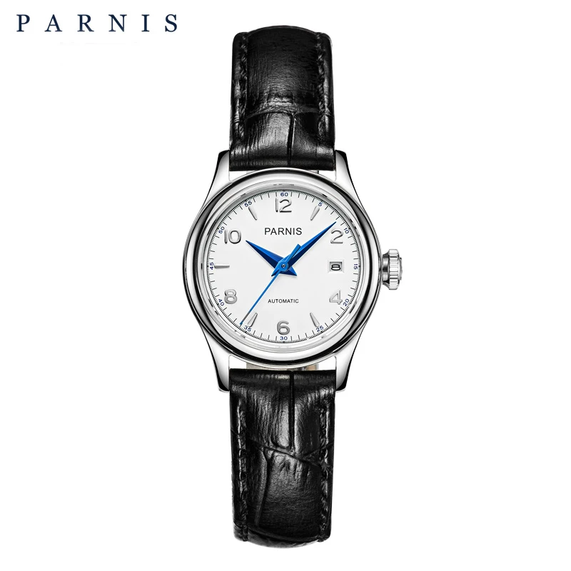 

Fashion Parnis 27mm Silver Case Mechanical Automatic Women Watches Sapphire Glass Leather Strap Calendar Ladies Wristwatch 2023