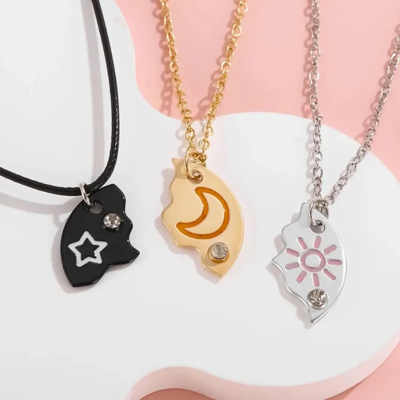 3pcs Pizza Shape Sun Star Moon Necklace Creative Best Friend Necklace Jewelry Chain Cartoon Pendant Necklace Friendship Gifts