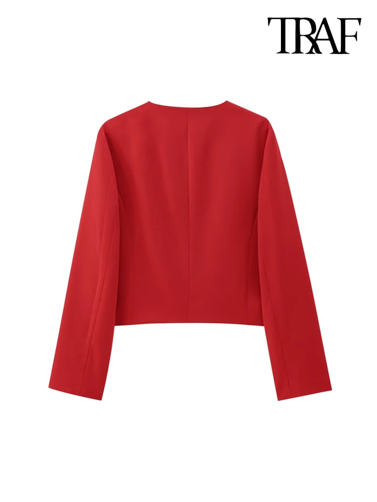 TRAF-Cropped Jacket with Golden Buttons for Women, O Neck, Long Sleeve, Female Outerwear, Chic Tops, Fashion 3