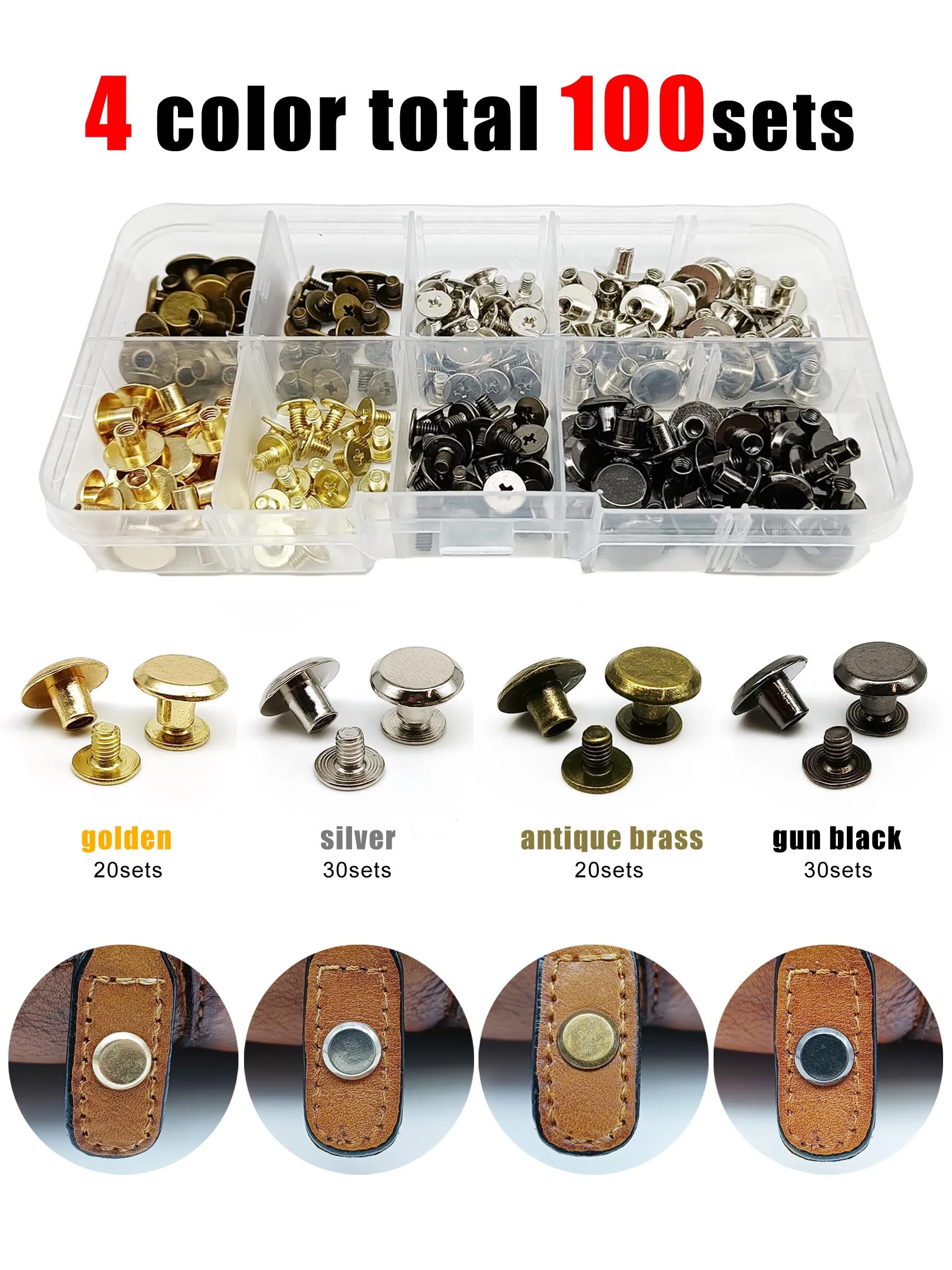 Description Picture 4 of item100sets / box Chicago Screw Nail Stud Post Binding Rivet for Leather Belt Bag Strap Wallet Luggage Web Photo Album Metal 4 Color