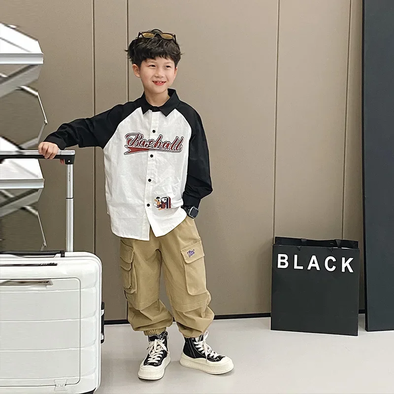 Spring Hot Sale Of The Season Boys' Long Sleeve Color Block Shirt Trendy Preppy Style Children's Fashionable Spring Clothing Kor