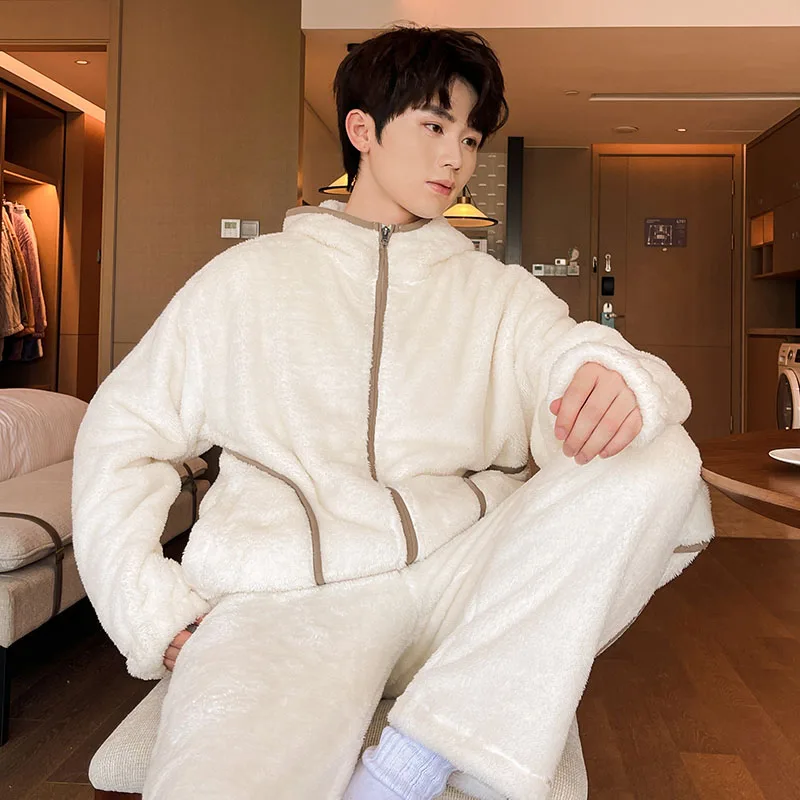 6XL 7XL 8XL Winter Men's Hooded Homewear Heavy Plus Velvet Zipper Cardigan Plus Size Pajamas Pants Keep Warm White Black Suit pajamas set man pajamas set