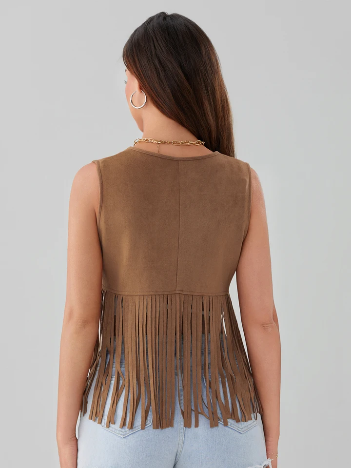 Women's Vintage Fringe Trim Open Front Vest Coat Sleeveless