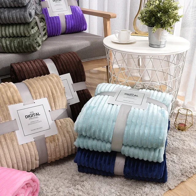 Striped Flannel Blankets For Beds Solid Pink Blue Color Soft Warm Mink Throw Sofa Cover Bedspread Beach Airplane Travel Blankets 3