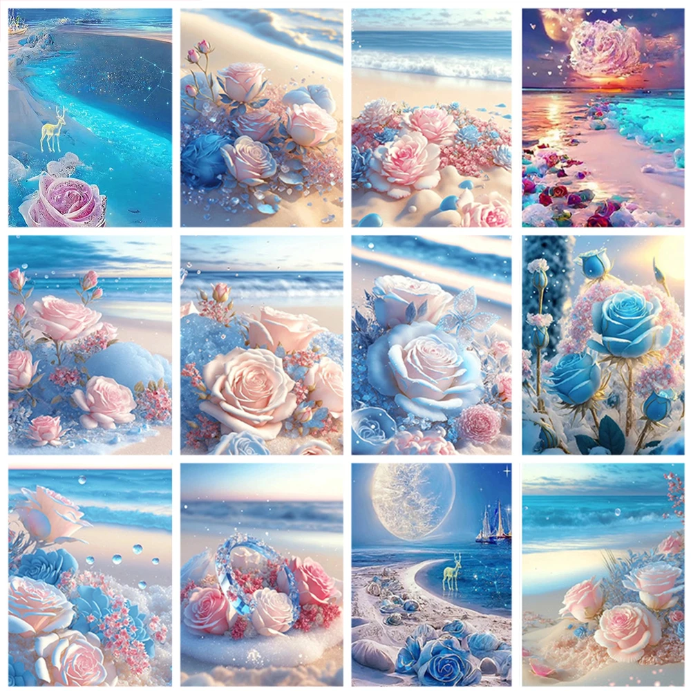 

5D DIY Diamond Painting Romantic Beach Rose Full Round Diamond Mosaic Scenery Diamond Embroidery Kit Rhinestone Home Decoration