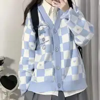 Japanese Oversized Kawaii Cartoon Embroidery Cardigan Women Jk Uniform Checkerboard Sweater Coat Autumn Loose Y2k Knitted 2022 - Image 5