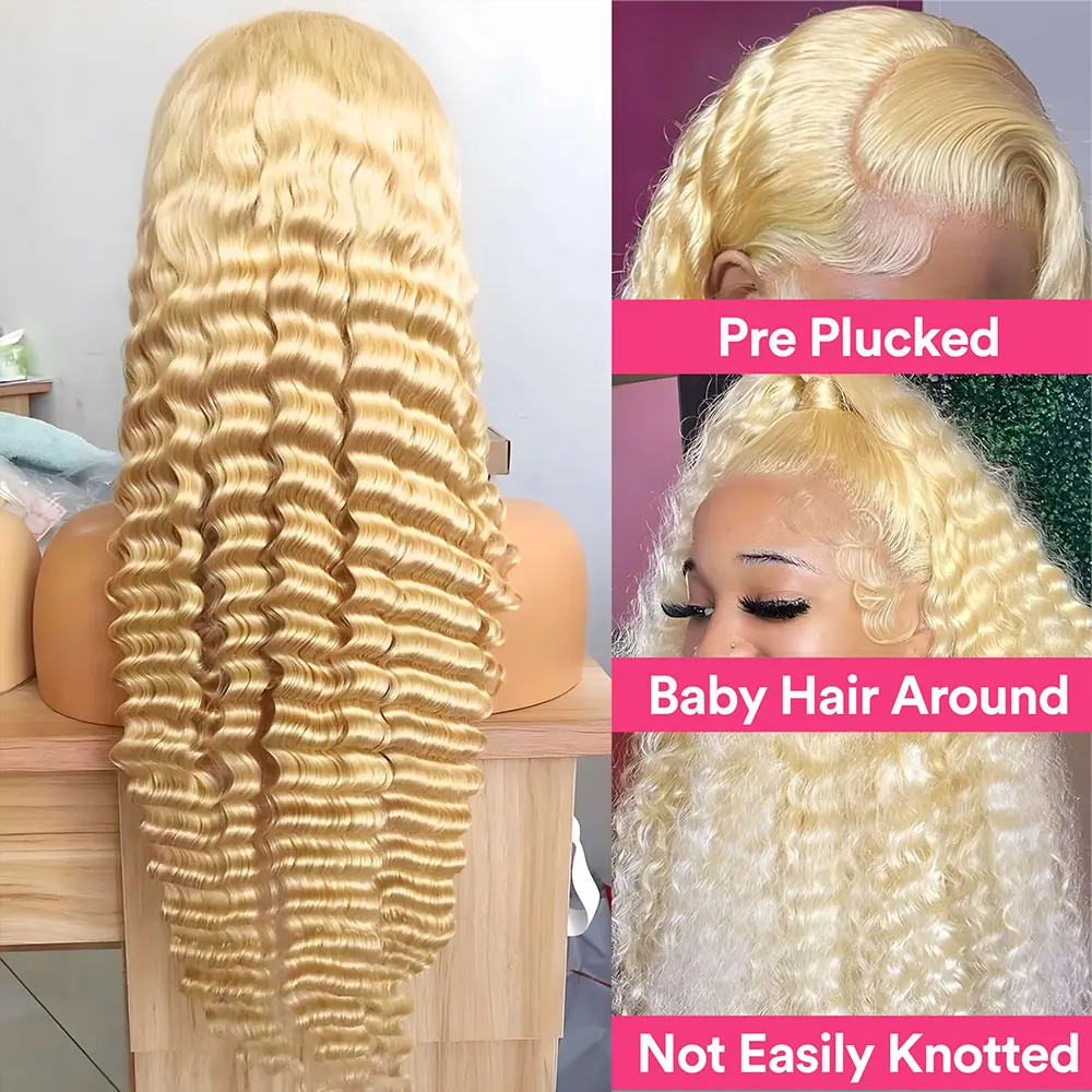 13x4 Lace Front Wig Human Hair ,200% Density Blonde Deep Wave Wigs Human Hair Pre Plucked, 613 HD Lace Frontal Wig 3