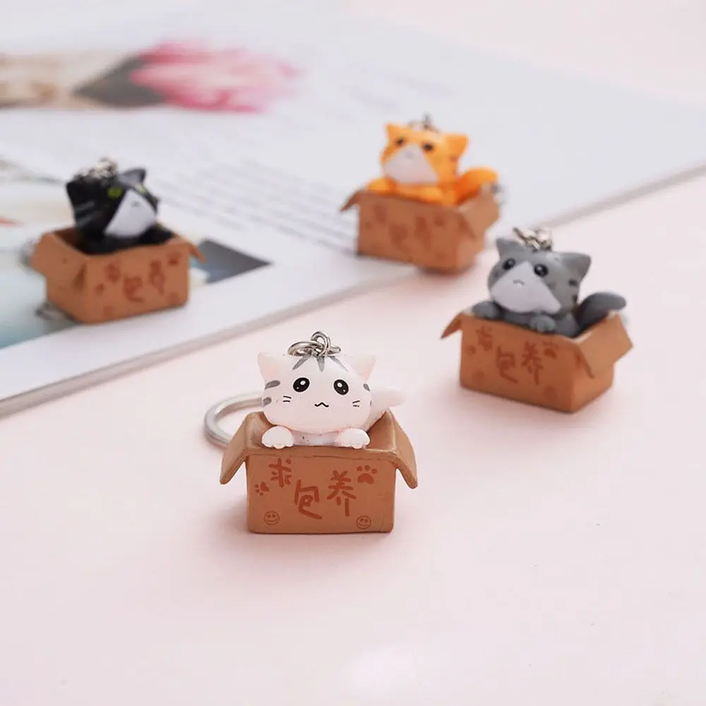 Cute Cartoon Personality Box Resin Little Cat Bag Charm Pendant Keychain For Men Women Key Ring