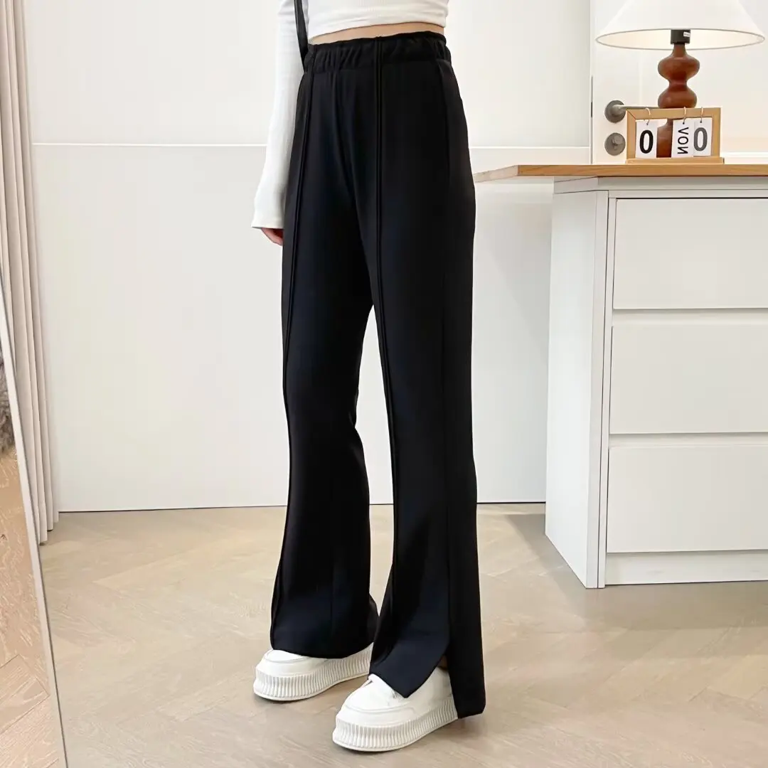 XXXXL Fashion Plus Size Women's Flared Pants 2025 Autumn Winter Casual Slim Thin Fleece Slit Leg Opening High Waist Trousers
