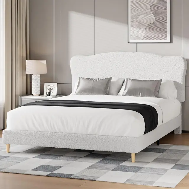 Teddy Boucle 4FT6 Double Bed Frame Ottoman Storage Bed With Gas Lift Ivory Upholstered Luxury Panel Headboard Bedroom Furniture 3