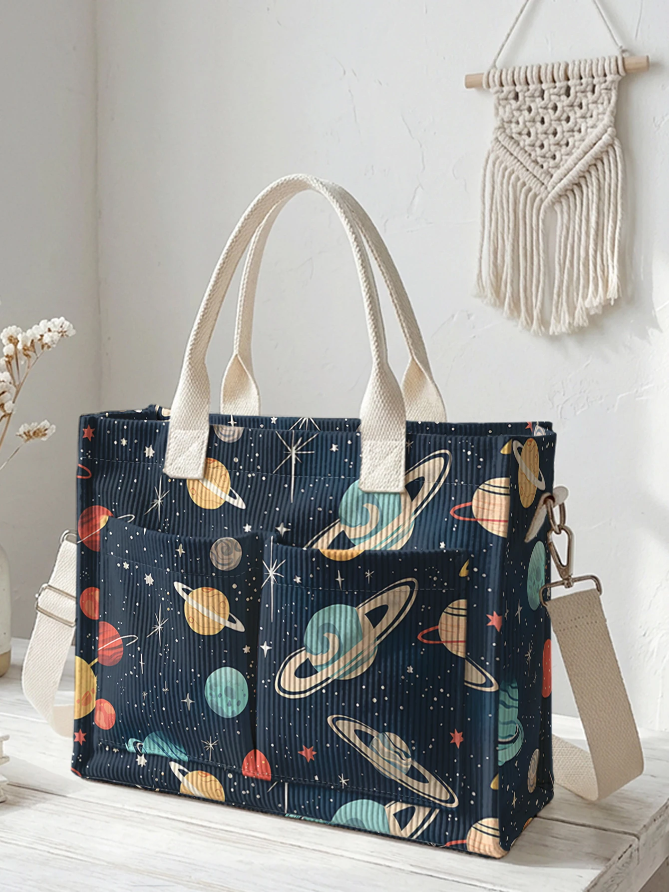 Retro-Einkaufstasche aus Cord mit Weltraum-Planeten- und Sterne-Print, große Kapazität, mehrere Taschen, Pendler-Umhängetasche