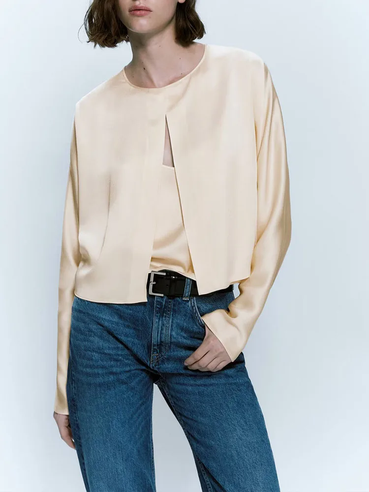 

Women 2023 New Fashion Two piece suit satin Casual Blouses Long Sleeve Open Female Shirts Chic Tops + vest Women's suit 0519/251