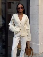 Women Classic Solid V Neck Pocket Cardigan Casual Long Sleeve Single-breasted Sweater Fall Fashion New Lady Commuting Streetwear 1
