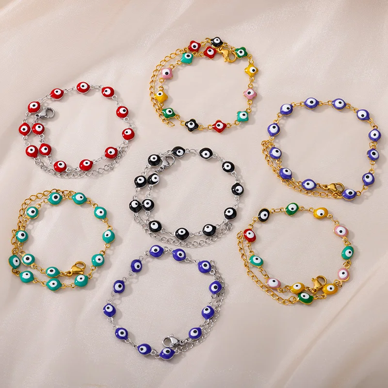 Stainless Steel Evil Eye Bracelet For Women Enamel Round Chain Blue Evil Eye Bead Bracelet Summer Beach Foot Jewelry Gift bracelet jewelry