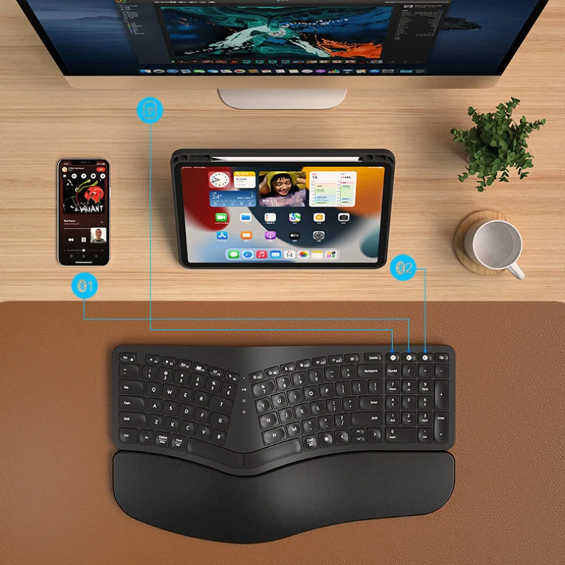 Teclado Split Ergonômico Retroiluminado Branco Teclado sem Fio com Descanso de Pulso Bluetooth 2.4g Apto para Windows Mac - Imagem 3