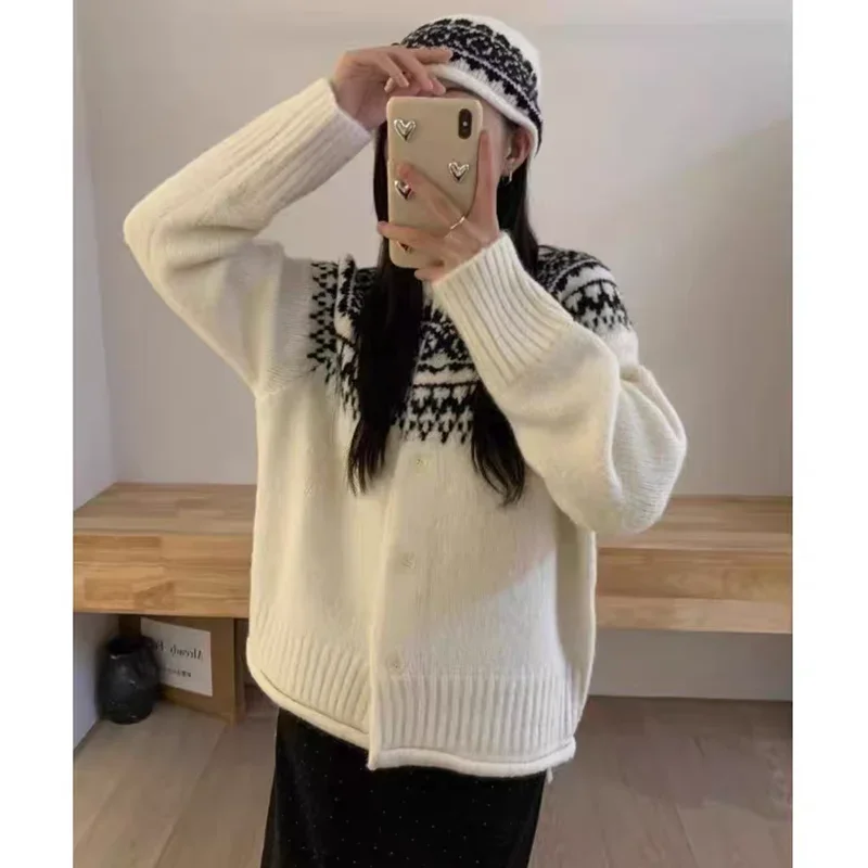 2025 Autumn Winter Women Elegant Casual Sweater with Hat Crew Neck Long Sleeve Knitted Cardigan Fashion Fall Knitwear Clothing