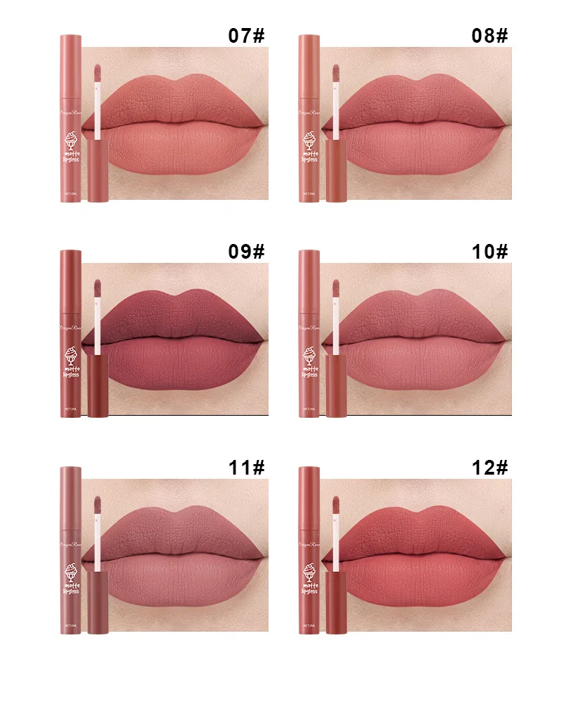 Liquid Lipstick Matte Nude Red Lip Gloss Cosmetic Waterproof Lip Glaze Non-stick Cup Long Lasting Lip Tint 12 Colors Lip Makeup