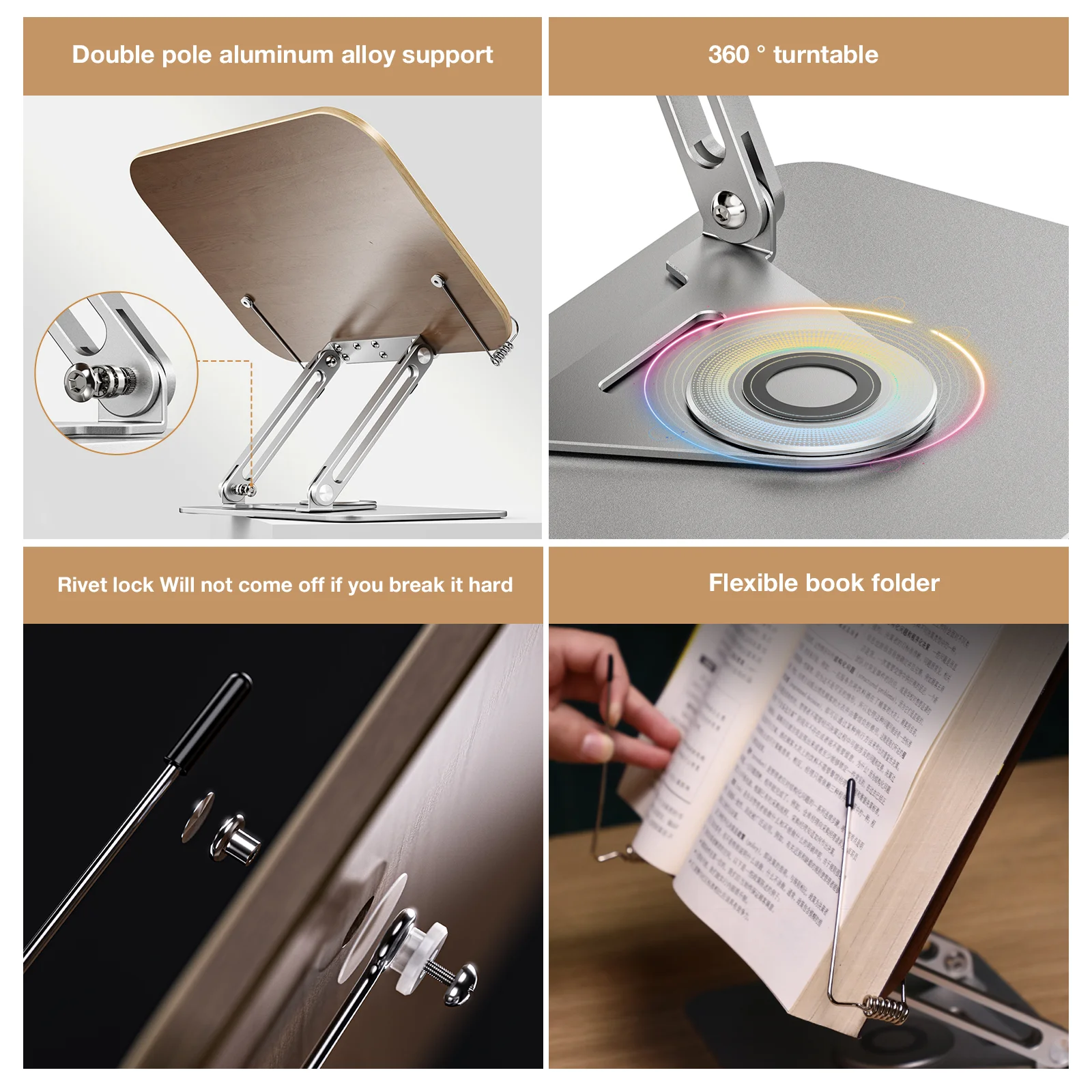 360&deg; Rotating Adjustable Reading Bookshelf Stand-Foldable Desktop Teaching Bookshelf with Elastic Page Clip, Ideal for Books,