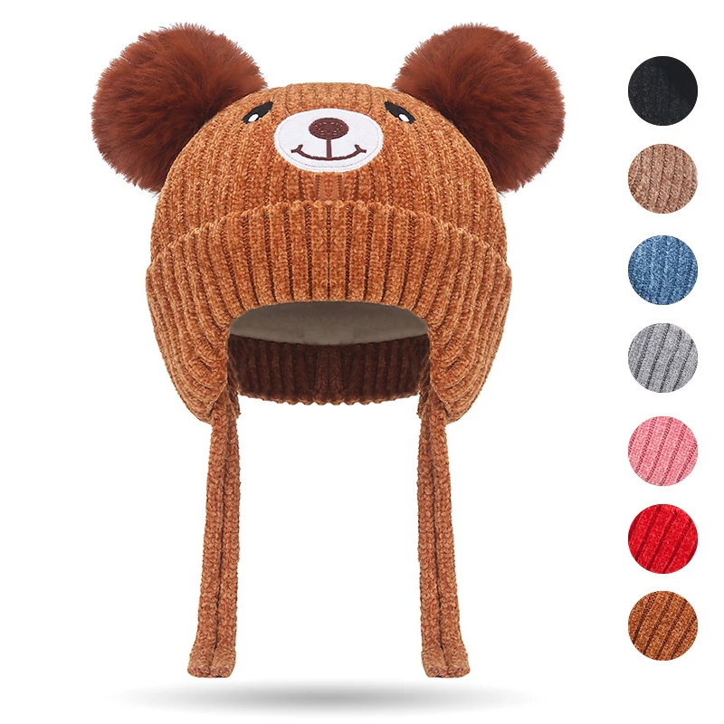 Cute Baby Hat Winter Cap with Rope Lining Boy Girl Warm Bear Knitted Hat Kids Earflaps Winter Pompom Knit Hats for Toddler Cap