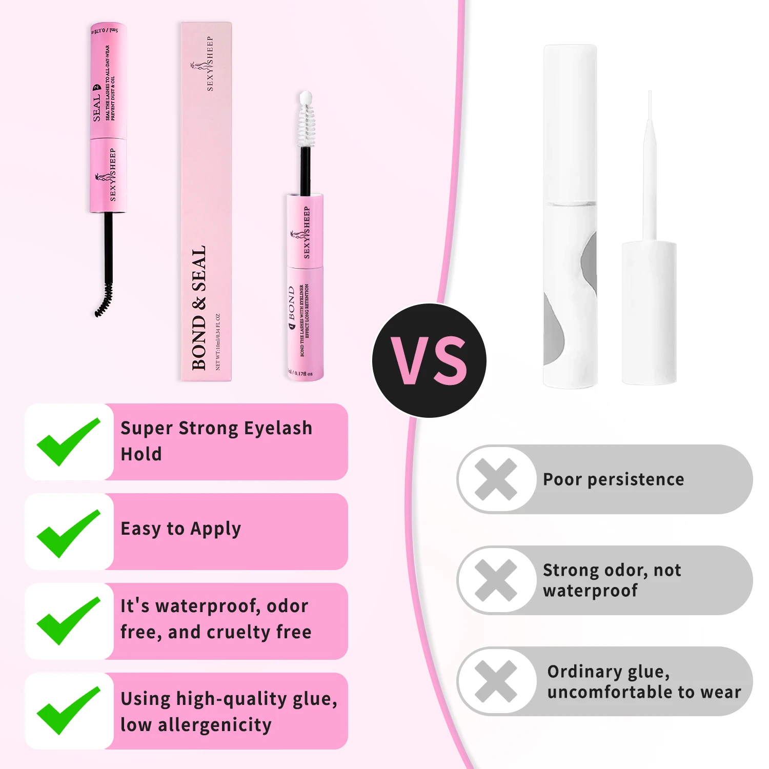 Eyelash Glue and Seal for Eyelash Clusters Strong Fixed  Eyelash Glue Lasting 48H 2 in 1(5ml Black Glue + 5ml Clear Seal) 5