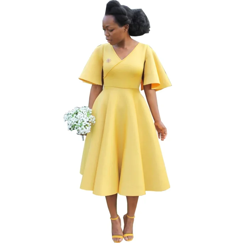 Elegant 2023 African Women Short Sleeve V-neck Polyester Yellow Pink Party Birthday Wedding Dress Dashiki African Dresses Women
