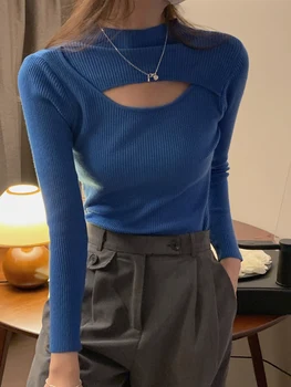 الخريف الشتاء مثير الجوف خارج النساء البلوزات ضئيلة Vintage البلوز لينة الدافئة سحب الإناث عارضة الياقة المدورة البلوفرات محبوك القمم 6