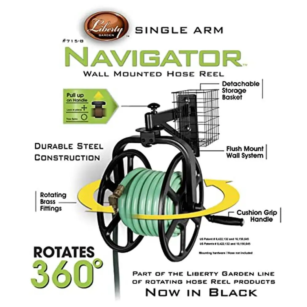 Heavy-Duty Garden Hose Reel Holds 125ft 5/8" Hose Weather Resistant Steel 360&deg; Rotation Storage Tray Brass Swivel Easy Assembly