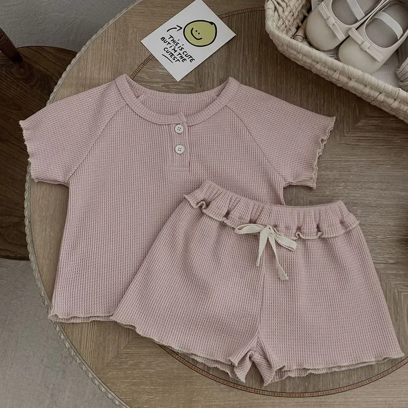 한국 스타일 반팔 와플 코튼 티셔츠 + 반바지, 0-3 세 아동복,  여아 의류, 세트, 2025 여름 신상