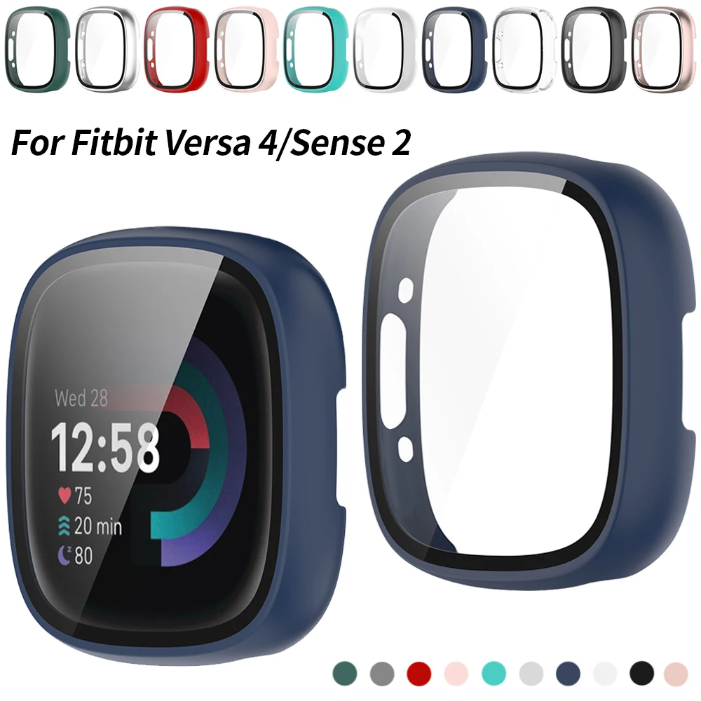 Vetro + custodia per Fitbit Versa 4 orologio paraurti protettivo Hard PC impermeabile Shell HD Screen Protector per Versa Sense 2 Watch Cover