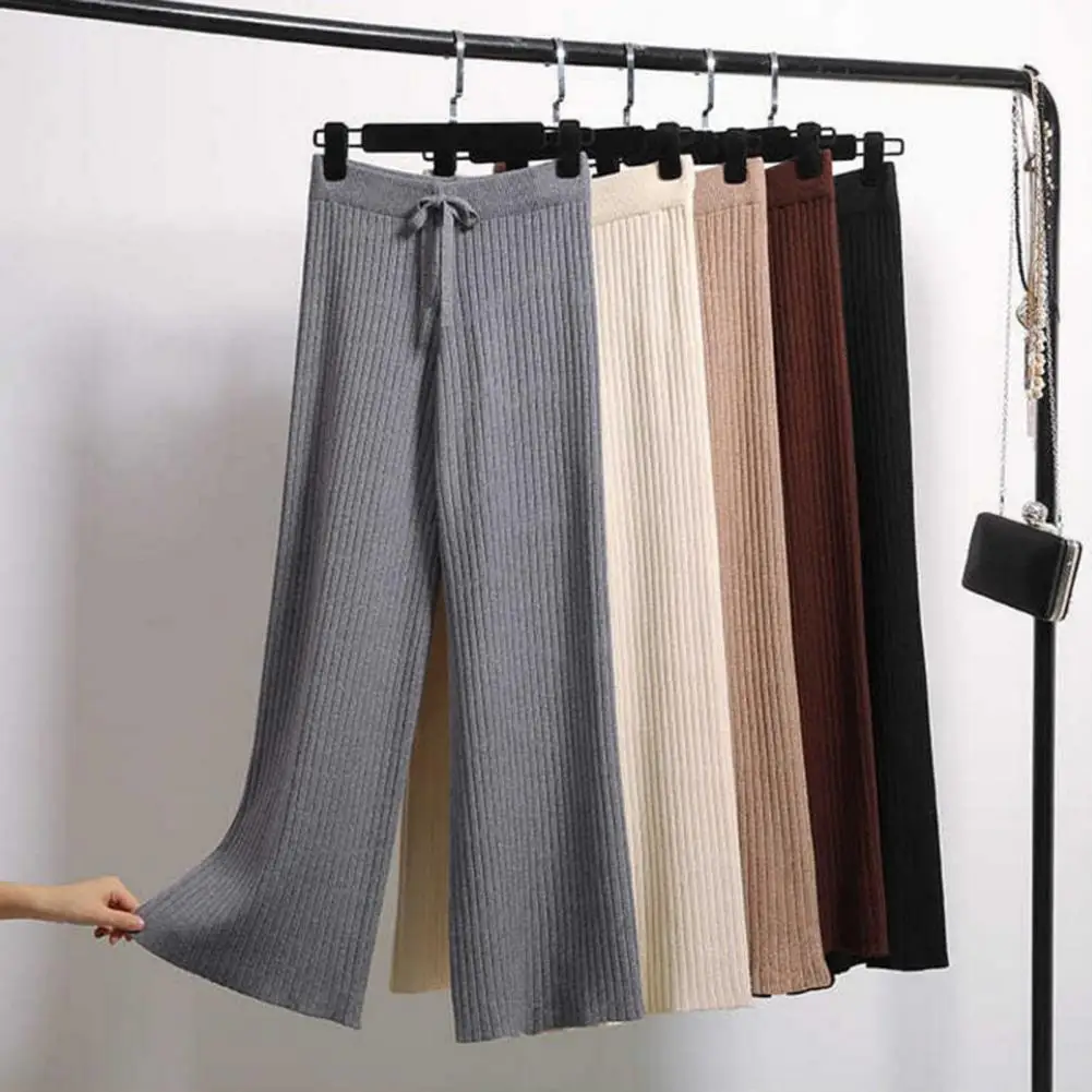 

Women Autumn Winter Elastic High Waist Drape Pants Drawstring Ribbed Straight Wide Leg Solid Color Baggy Pants Streetwear