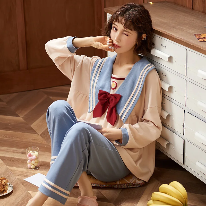 New Cotton Pajama Sets Women Sweet Girl Lounge Cute Sleepwear Long Sleeve Casual Nightwear Female Pijamas Comfortable Loungewear