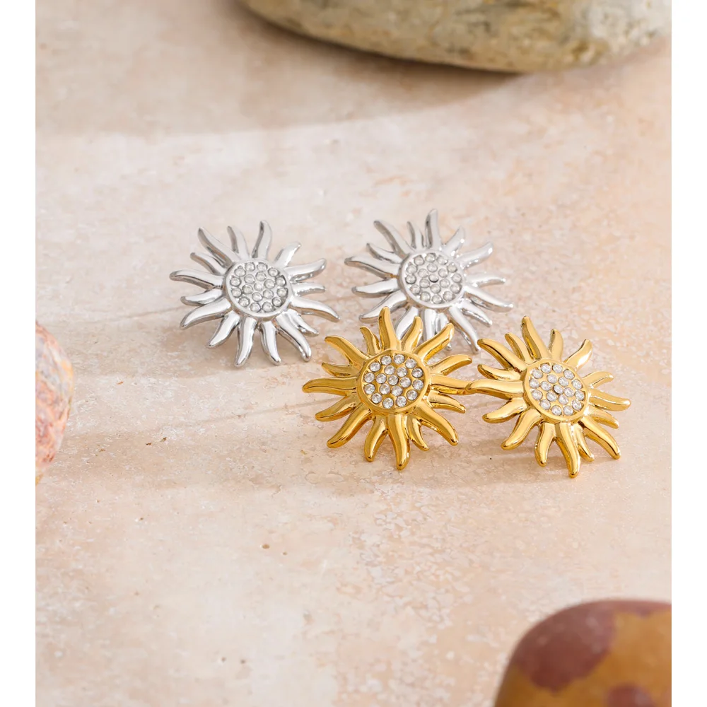 Yhpup Stainless Steel Cubic Zirconia Sun Stud Earrings