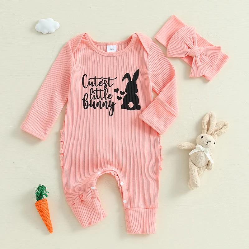 Pudcoco Baby Girls Rompers Easter Clothes Letter Rabbit Print Frills Infant Bodysuits Jumpsuits with Headband 0-6M