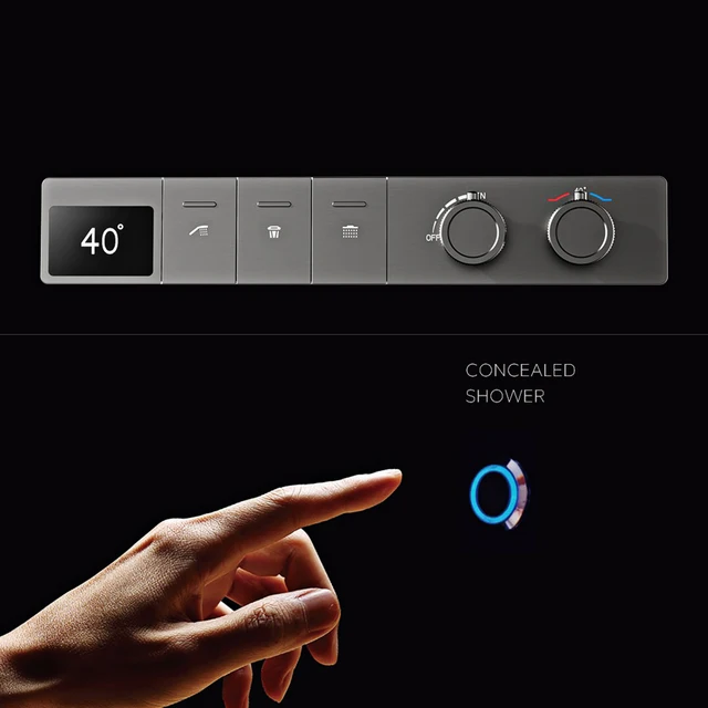 หรูหราปืนทองเหลืองสีเทาเพดานฝักบัวอาบน้ําอุณหภูมิคงที่ระบบจอแสดงผลดิจิตอล LED น้ําร้อนและเย็นฝังก๊อกน้ําห้องน้ํา 3
