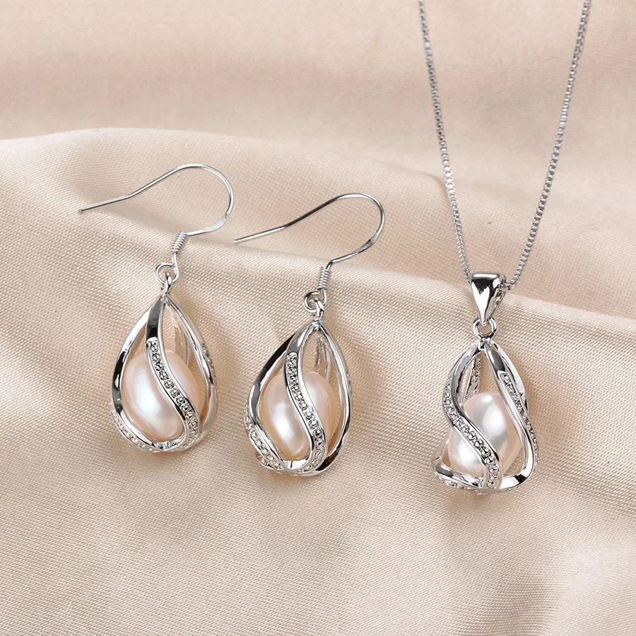 100% Natural Freshwater Pearl Jewelry Sets For Women Fashion 925 Sterling Silver Earrings+Pendant Wedding Jewelry With Box 2
