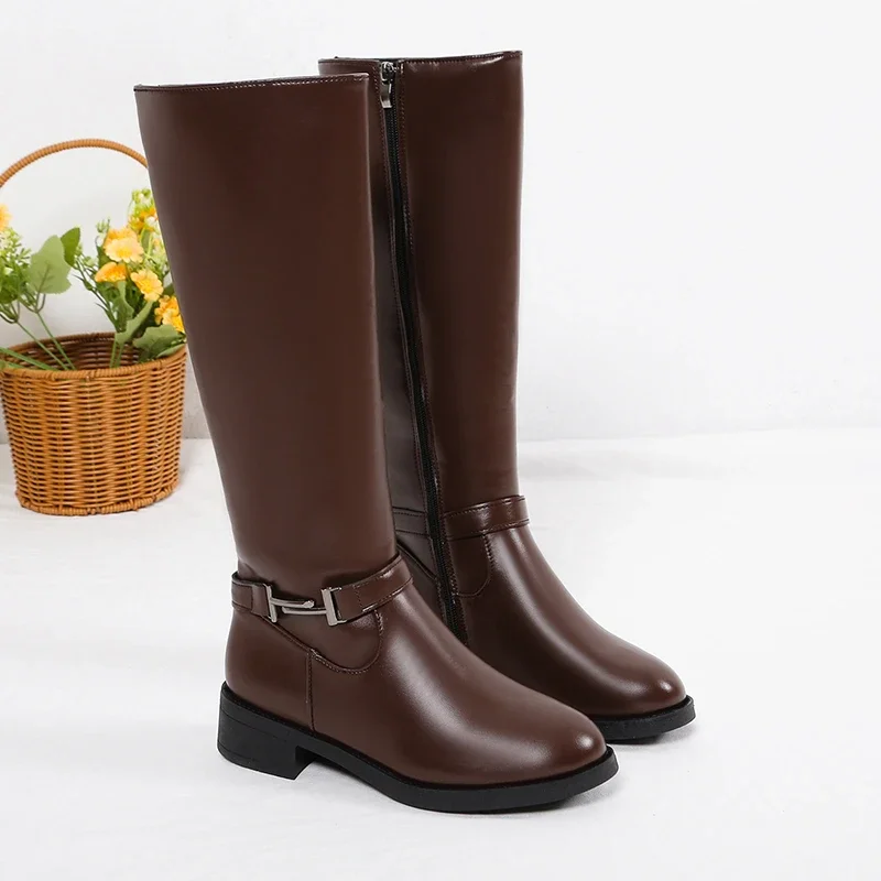 

2023 Winter New Fashion Women Knee High Boots Design Soft Leather Knight Boots Round Toe Warm Shoes for Women Botas De Mujer